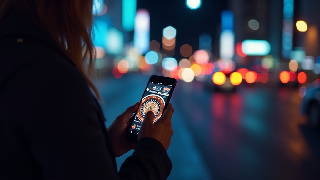 Osoba korzystająca z kasyna mobilnego na telefonie w nocnym otoczeniu